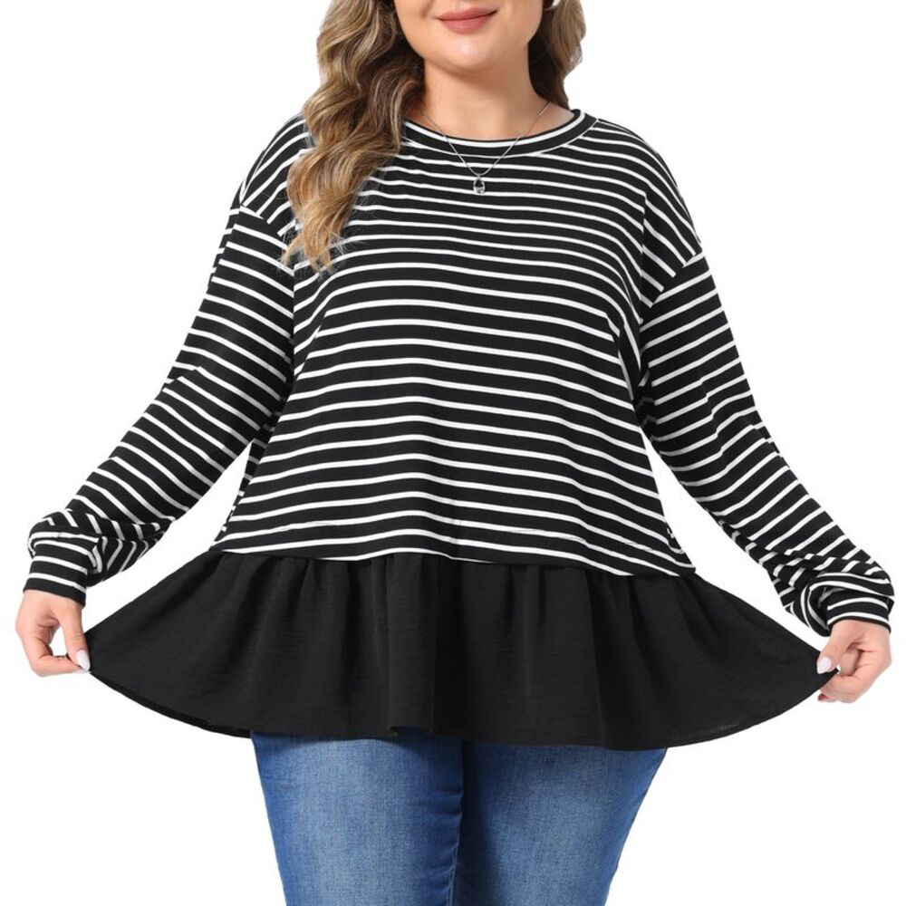 Women Plus Size Crew Neck Striped Panel Peplum Tops Black